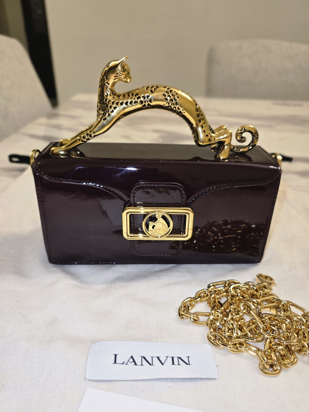 Lanvin Patent Mini Bag in Deep Plum with Gold Cat Handle - Picture 4 of 16